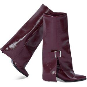 Women's Burgundy Fold Over Pointed Toe Kitten Heels Wide Calf Minimalist Boots